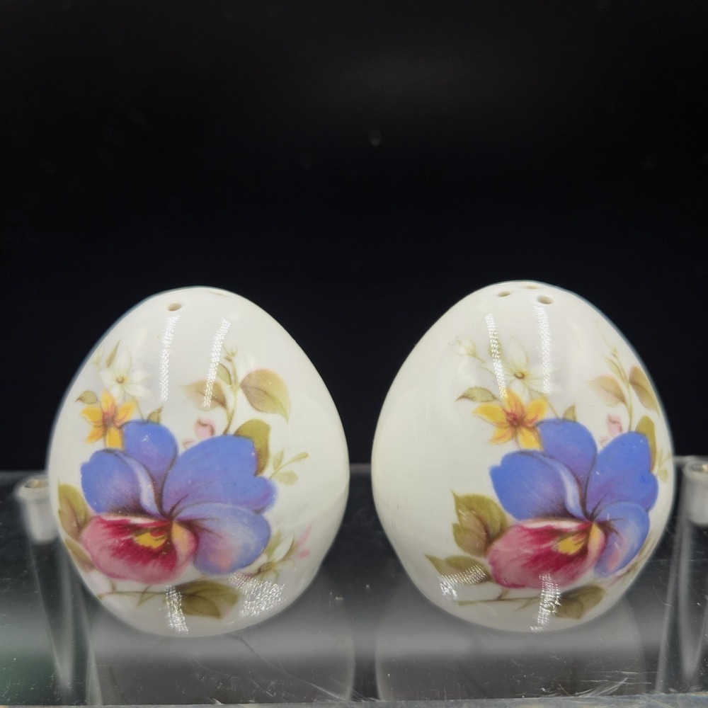 VTG Sandford Bone China Salt & Pepper Shakers Pansy Violets England 2" Egg-shape